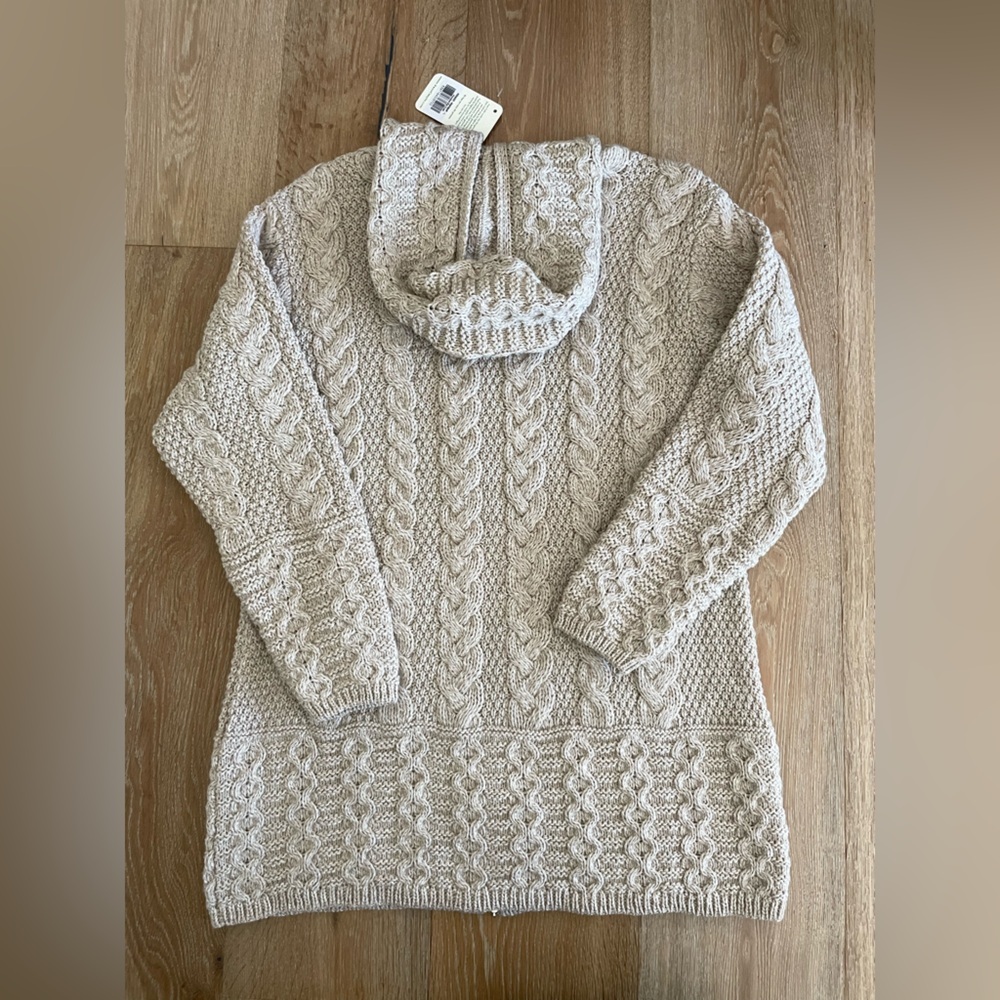 ARAN Ireland 100% Merino Wool Full Zip Sweater Coat Oatmeal L Chunky‎ Fisherman - Picture 6 of 10